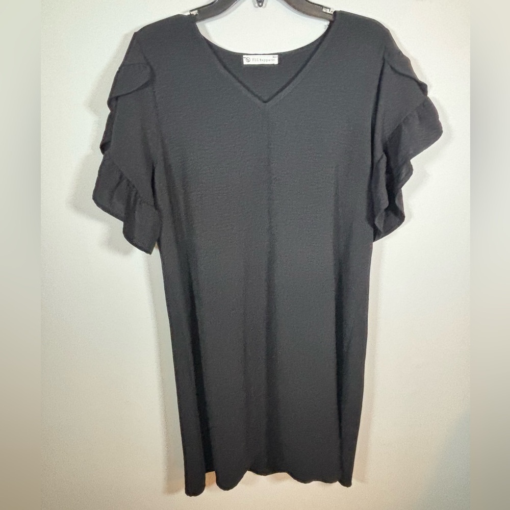 FSL Apparel Black Ruffle Sleeve Shift Dress V-Neck Made in USA Size M